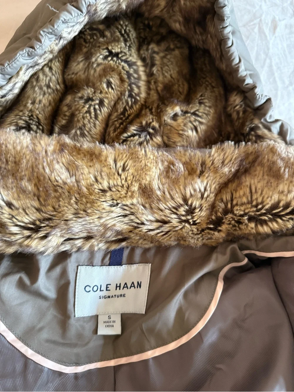 Cole Haan Signature Hooded Belted Down Puffer Long Coat Taupe Brown, Small